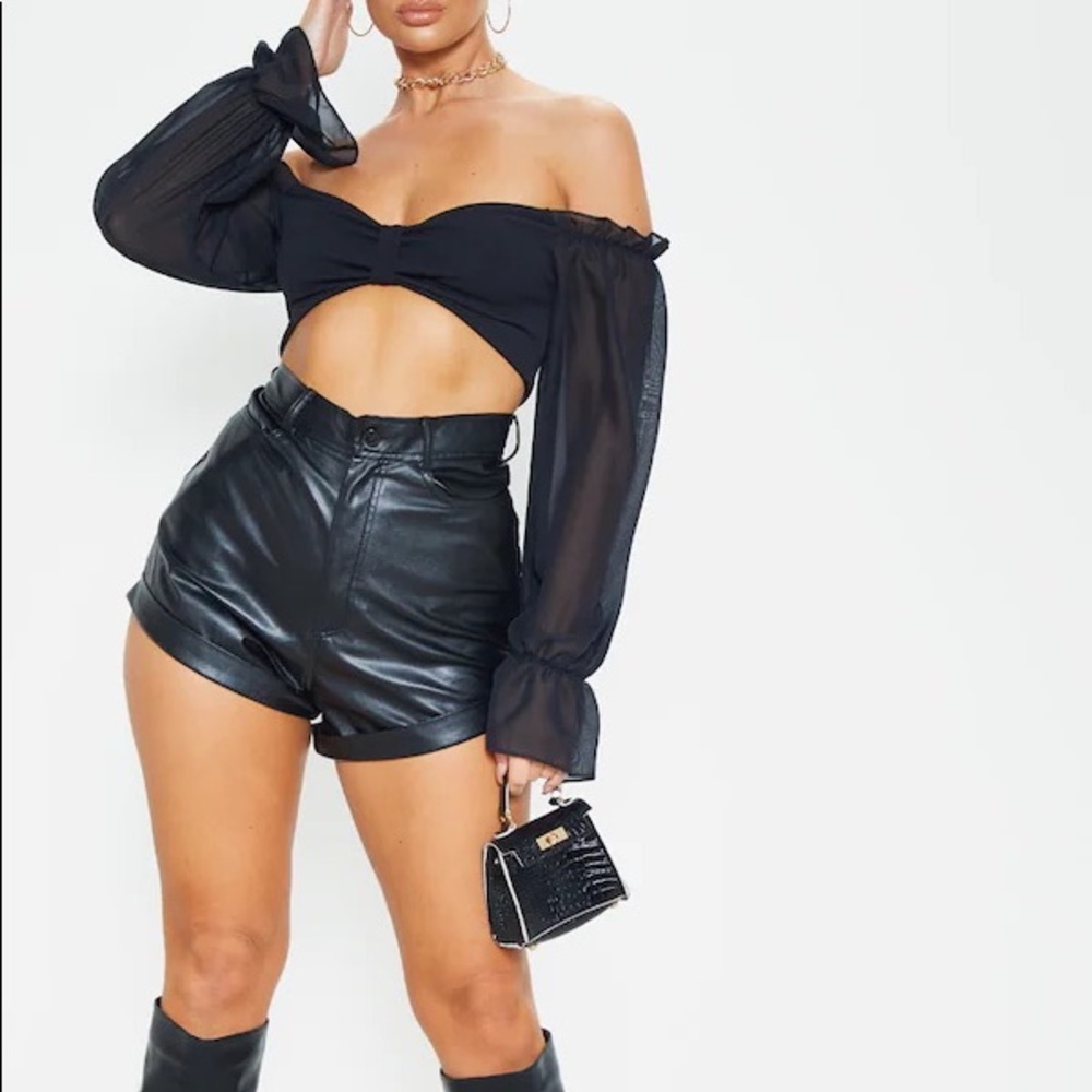 BOGO 50% OFF Black Bardot Chiffon Flare Sleeve Off The Shoulder Crop Top